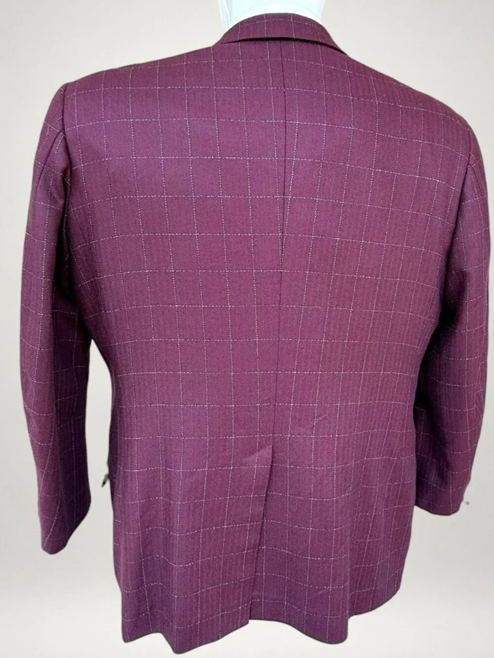 Vintage Bespoke Burgundy Windowpane Wool Sport Coat Blazer Men's 46R Hand Tailor